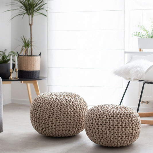 Knitted Beige Pouf Ottoman 40 x 25cm Cotton EPS Beads