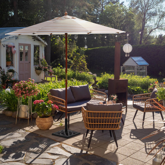 Garden Sun Parasol 245cm Birch Wood Pole Beige and White Striped Canopy Weather Resistant