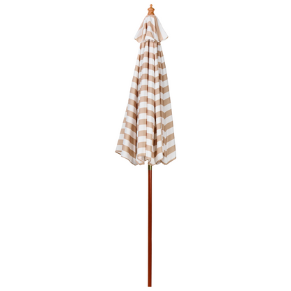 Garden Sun Parasol 245cm Birch Wood Pole Beige and White Striped Canopy Weather Resistant