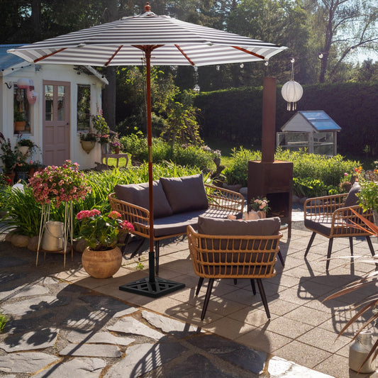 Garden Sun Parasol Black and White Striped Canopy 245cm Birch Wood