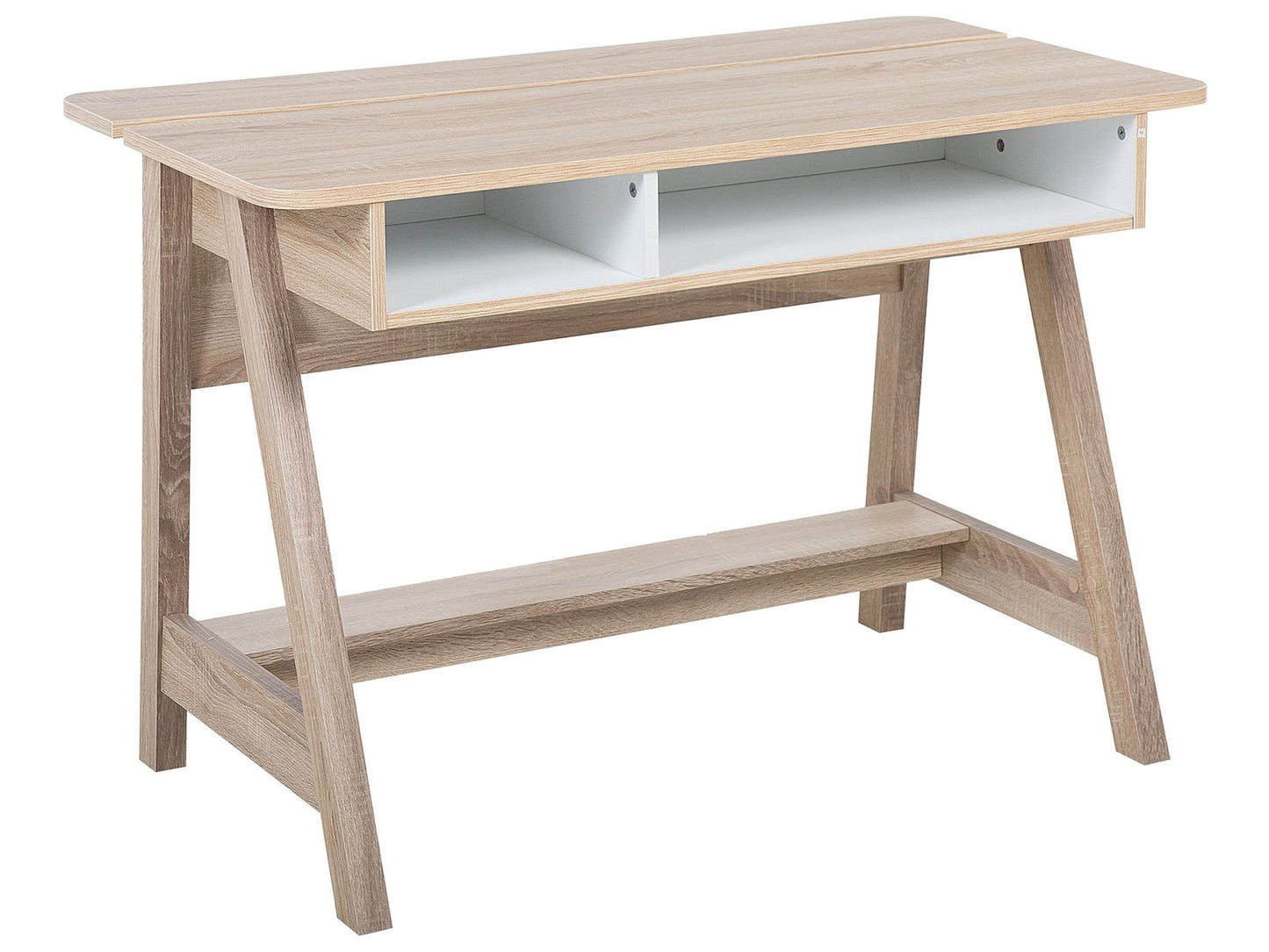 Light Brown Scandinavian Desk With Footrest 110 X 60cm Two Shelves Hidden Compartment