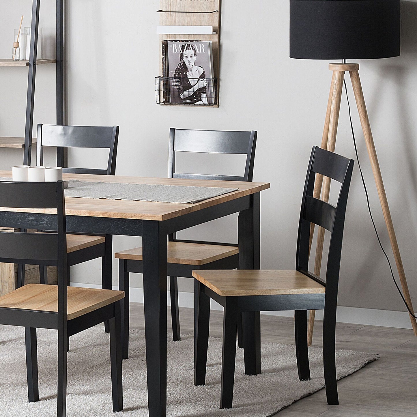 Set Of 2 Black Rubberwood Slat Back Dining Chairs
