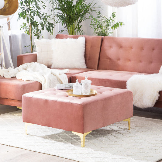 Pink Tufted Ottoman With Gold Legs