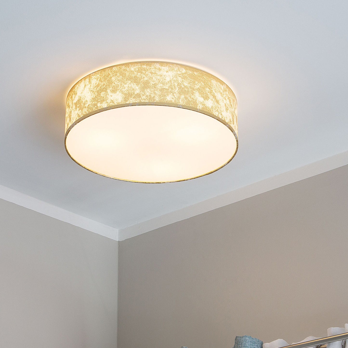 Flush Lighting Gold Polycotton Drum Lamp 45cm Boho Ceiling Light With Premium Fabric Shade