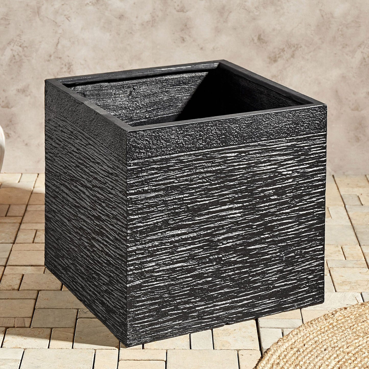 Solid Black Fibre Clay Square Planter UV Resistant 50 x 48cm