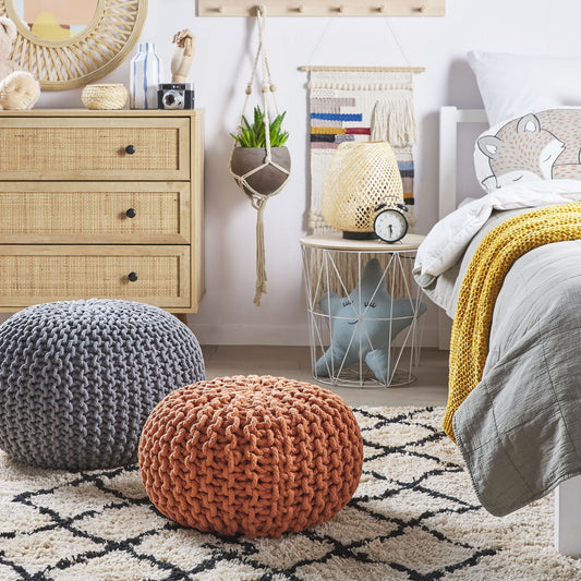 Pouf Ottoman Dark Grey Knitted Cotton EPS Beads 50 x 35cm