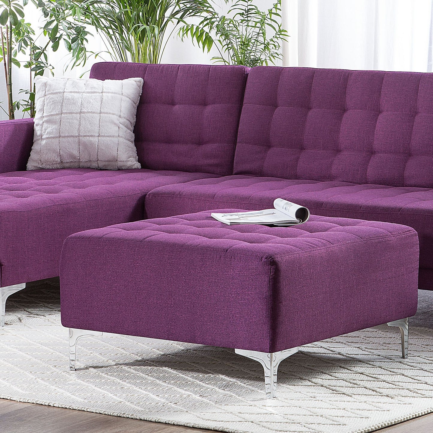 Purple Tufted Fabric Footstool With Silver Legs