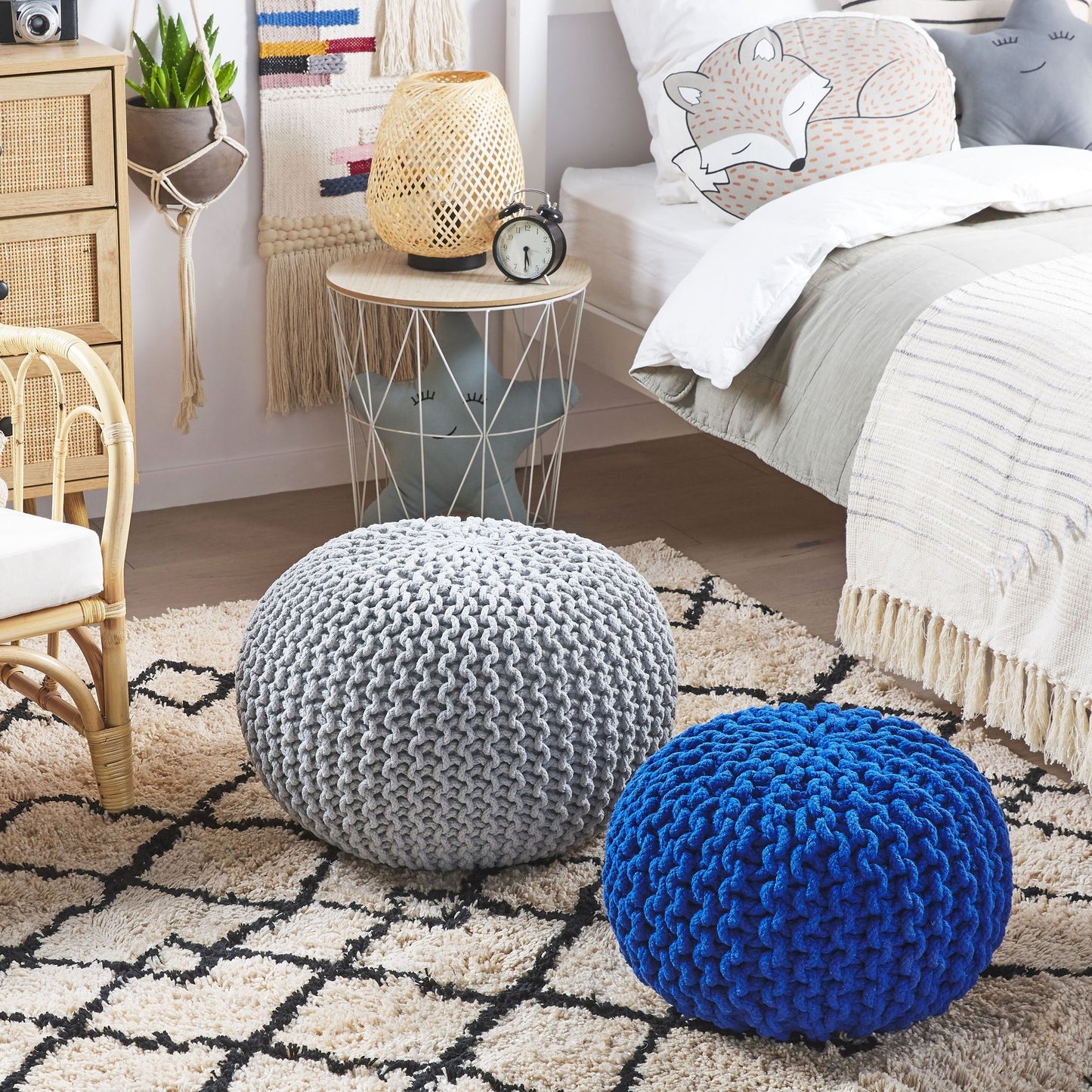 Knitted Round Pouf With EPS Beads Filling Light Grey 50 x 35