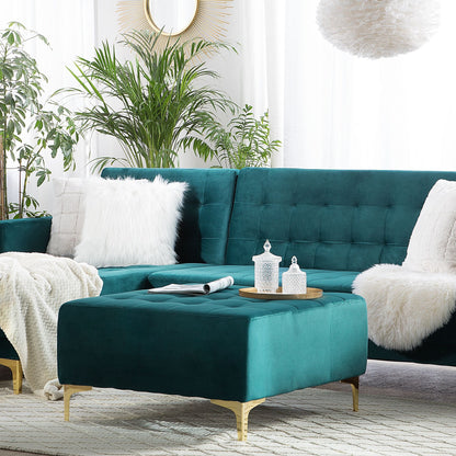 Aura Teal Velvet Tufted Ottoman Footstool With Gold Legs