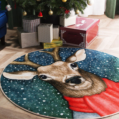 Round Multicolour Reindeer Christmas Rug 120cm Anti Slip