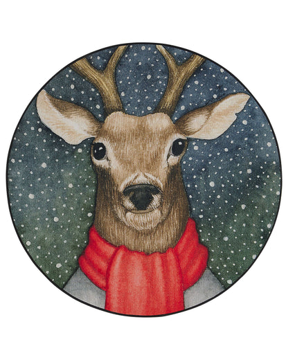 Round Multicolour Reindeer Christmas Rug 120cm Anti Slip