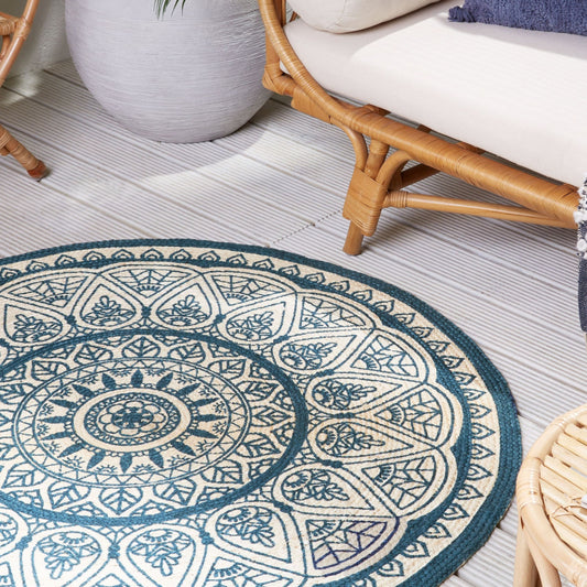Blue Round 120cm Area Rug Handwoven Eco Friendly Boho Oriental Style Pattern