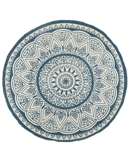 Blue Round 120cm Area Rug Handwoven Eco Friendly Boho Oriental Style Pattern