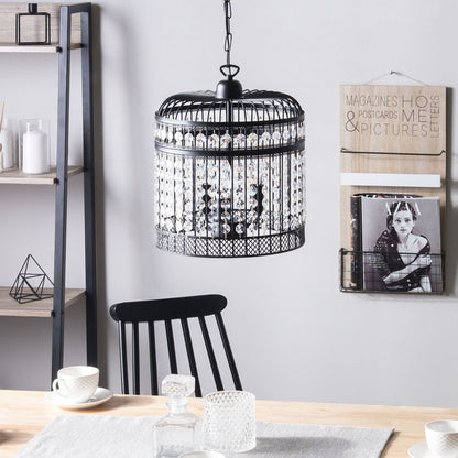 Pendant Ceiling Lamp Black Metal Cage With Faux Crystal Beads Vintage Glamour
