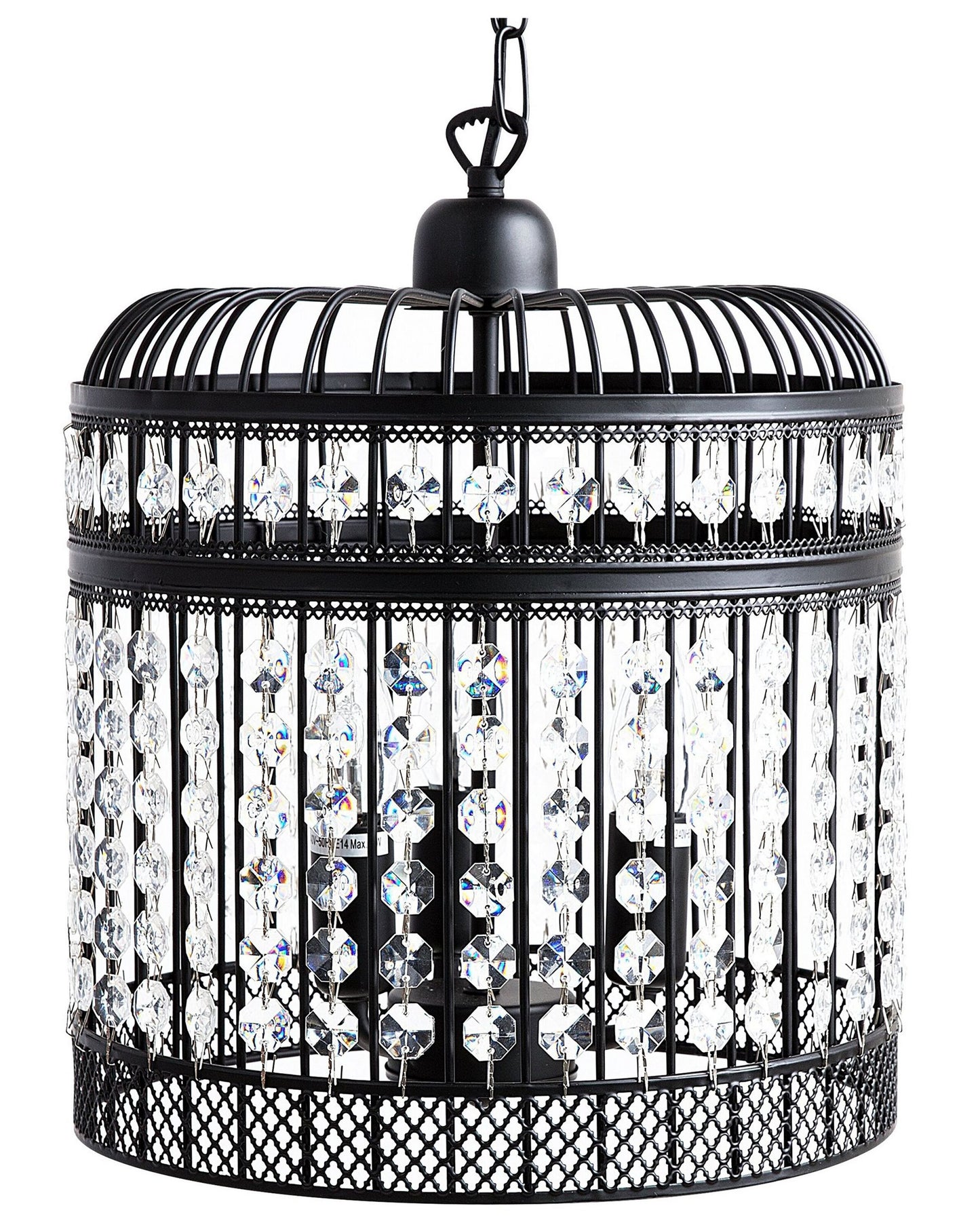 Pendant Ceiling Lamp Black Metal Cage With Faux Crystal Beads Vintage Glamour