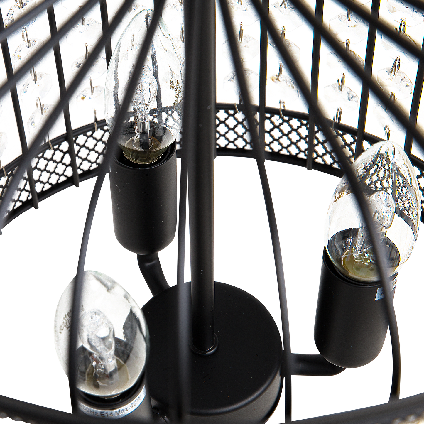 Pendant Ceiling Lamp Black Metal Cage With Faux Crystal Beads Vintage Glamour