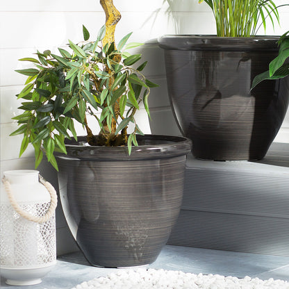 Solid Brown All Weather Round Polyresin Planter 44cm