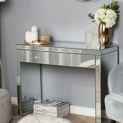 Console Table Silver Glass 100 x 35cm With 2 Drawers Crystal Knobs Modern Glam