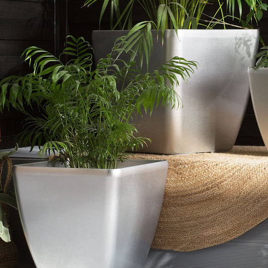 Silver Fibre Clay All Weather Planter Pot 49 x 49cm High Gloss Outdoor Garden Decor