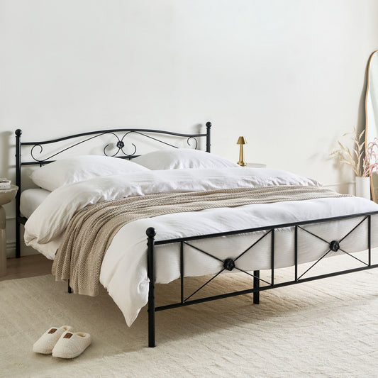 EU King Size Panel Bed 5ft3 Black Metal Frame With Sprung Slats For Extra Support Retro