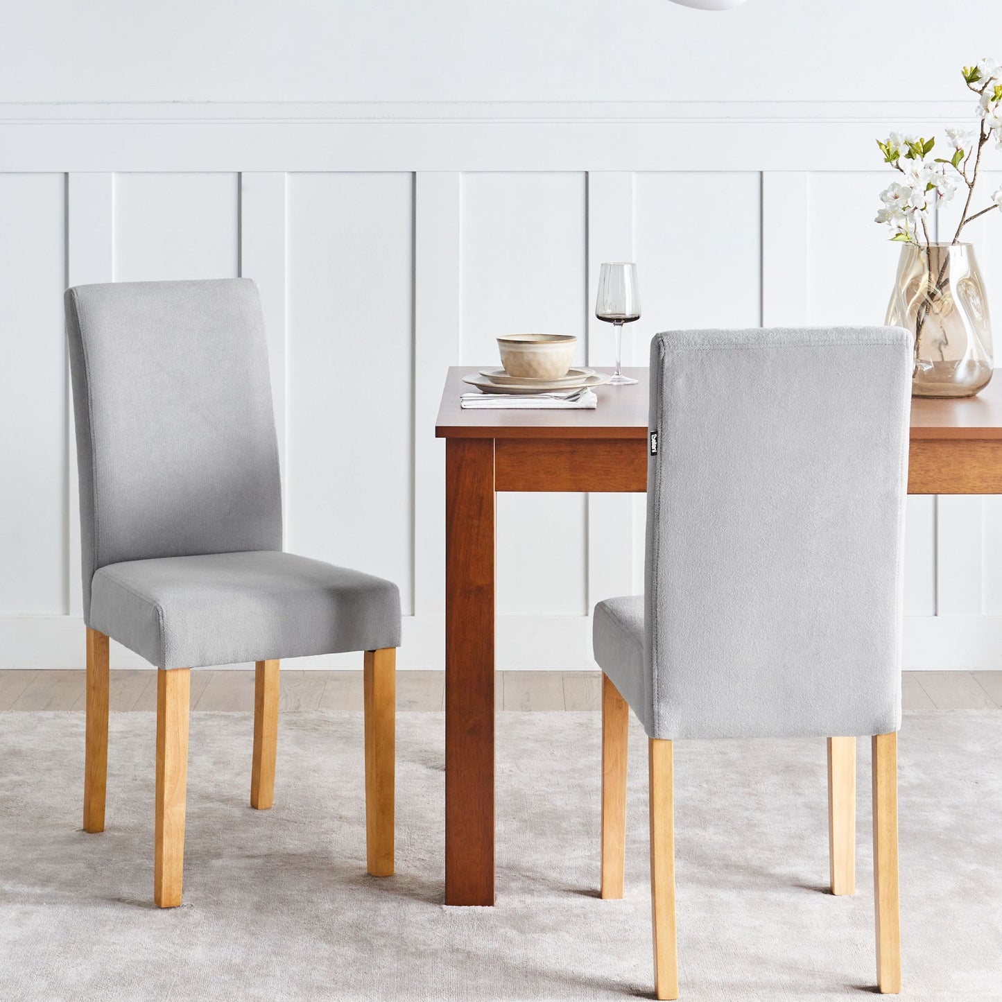 Modern Grey Fabric Dining Chairs Set Of 2 With Wooden Legs For Kitchen Or Dining Room