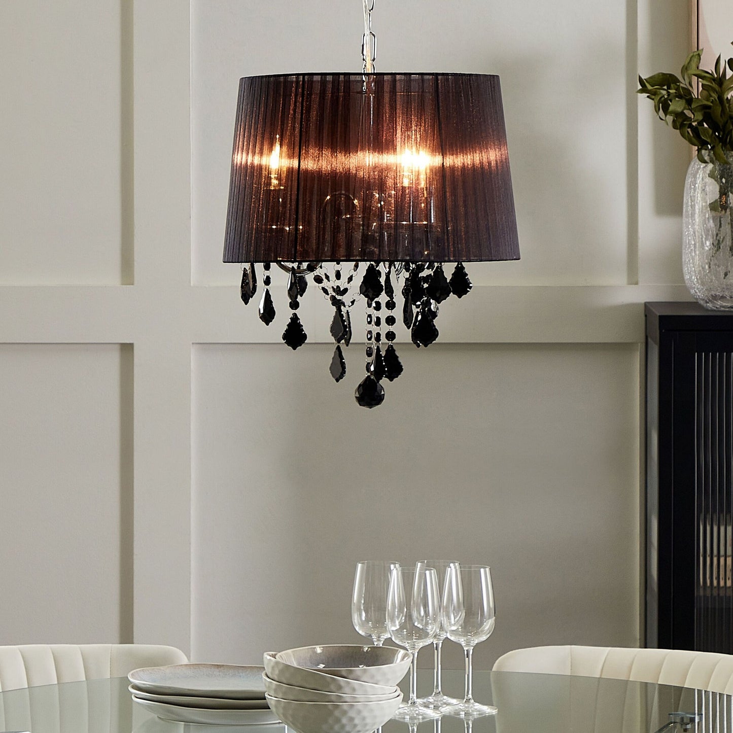 Pendant Lamp Silver Black Crystal Chandelier With 3 Lights