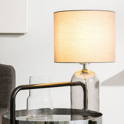 Table Lamp Transparent Glass Base Grey Drum Shade Modern Minimalist Ambient Lighting