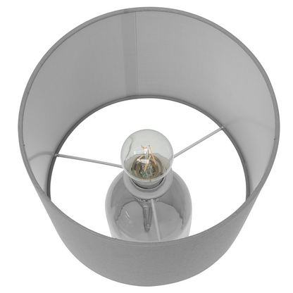 Table Lamp Transparent Glass Base Grey Drum Shade Modern Minimalist Ambient Lighting