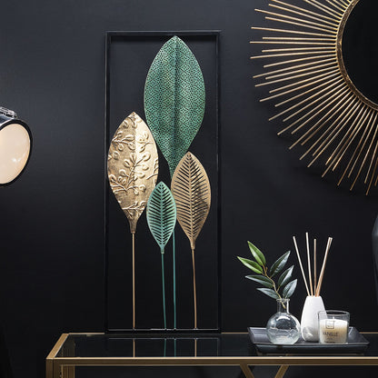 Turquoise Gold Four Leaves Wall Art Openwork Multicolor Metal Decor Modern Style
