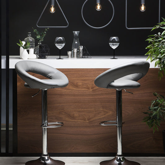 Grey Faux Leather Bar Stools Swivel Height Adjustable Two