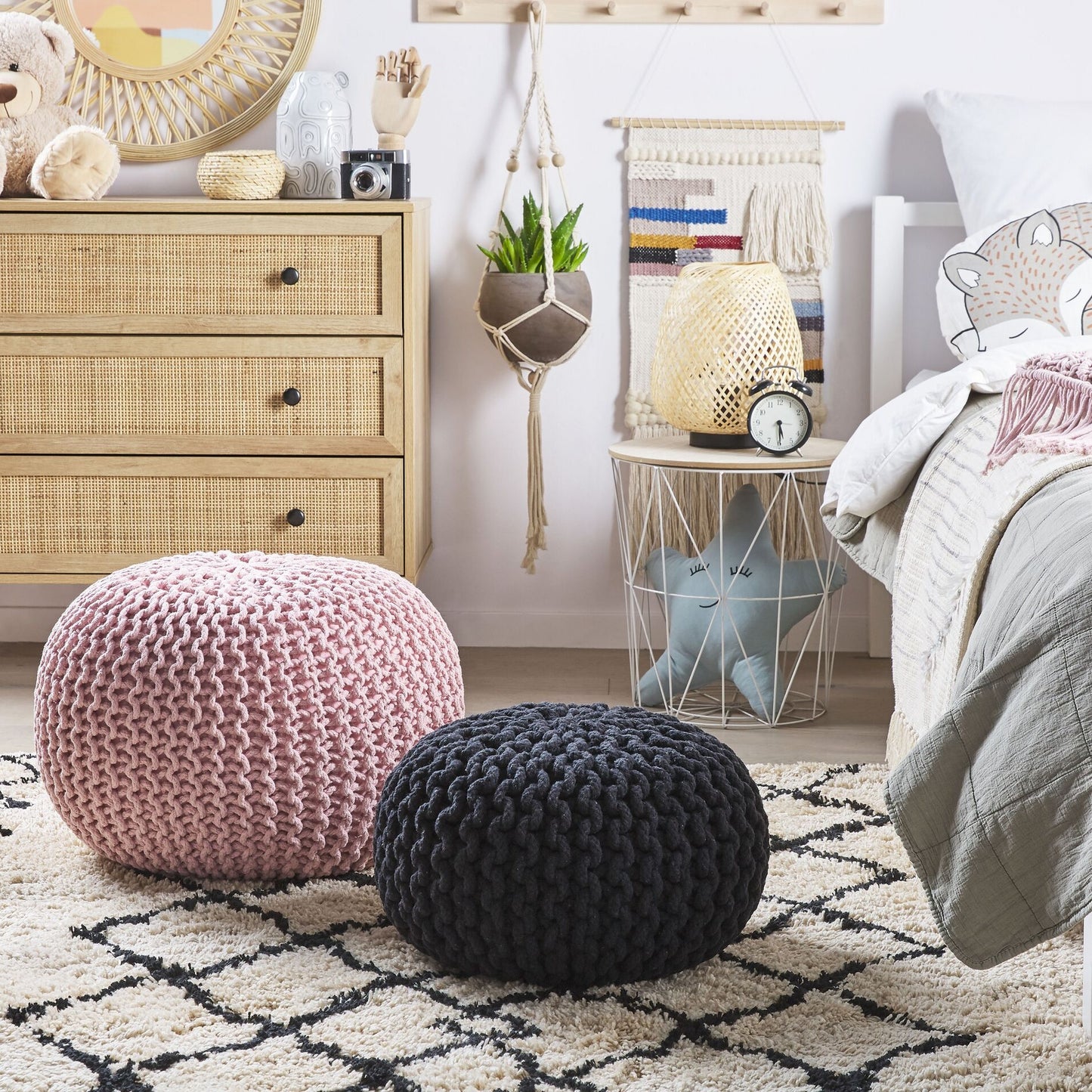 Pink Knitted Cotton Bead Filling Pouf Ottoman 50 x 35cm