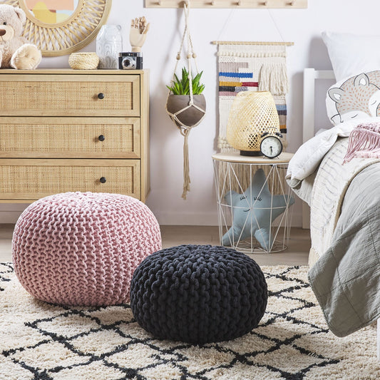 Pink Knitted Cotton Bead Filling Pouf Ottoman 50 x 35cm