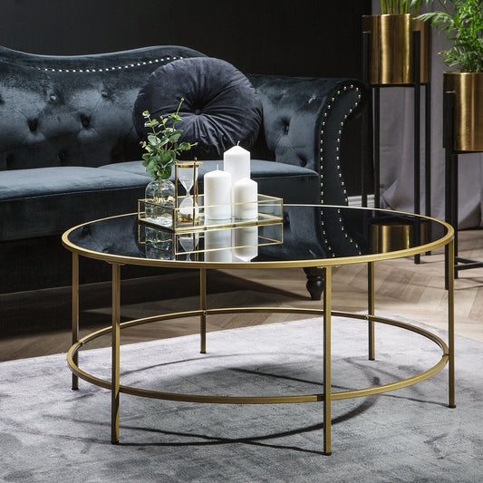 Glamora Coffee Table Black Glass Top Gold Metal Frame Round 88cm