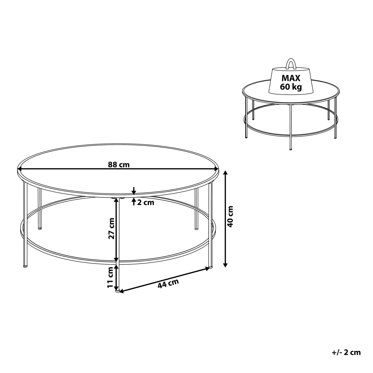Glamora Coffee Table Black Glass Top Gold Metal Frame Round 88cm