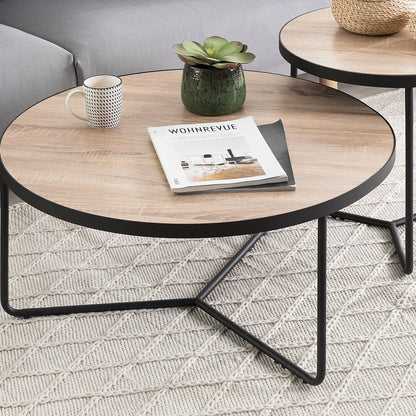 Round Coffee Table Walnut Finish Black Metal Legs 80cm