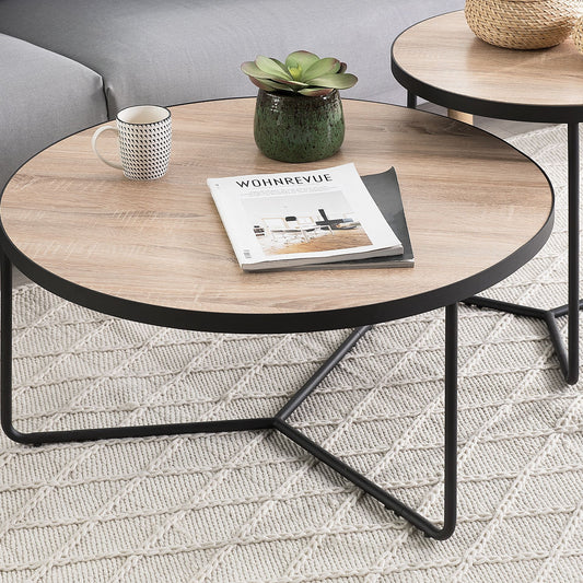 Round Coffee Table Walnut Finish Black Metal Legs 80cm
