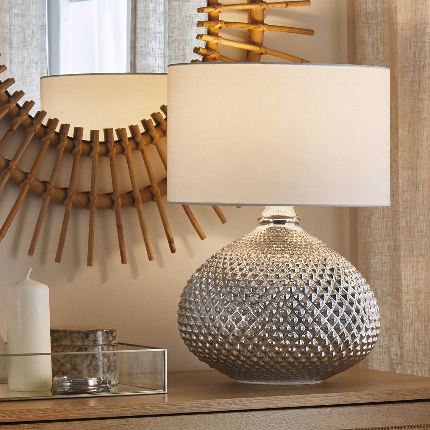 Table Lamp Studded Silver Metal Base 55H Cm White Shade