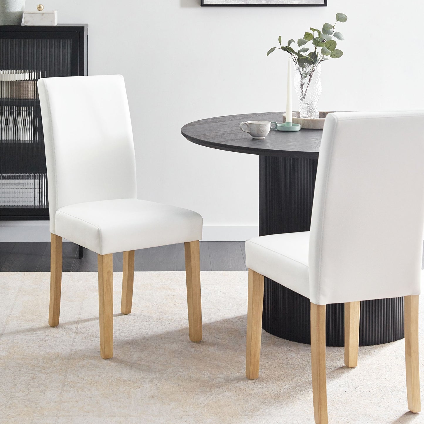 Set Of 2 White Faux Leather Dining Chairs With Wood Legs