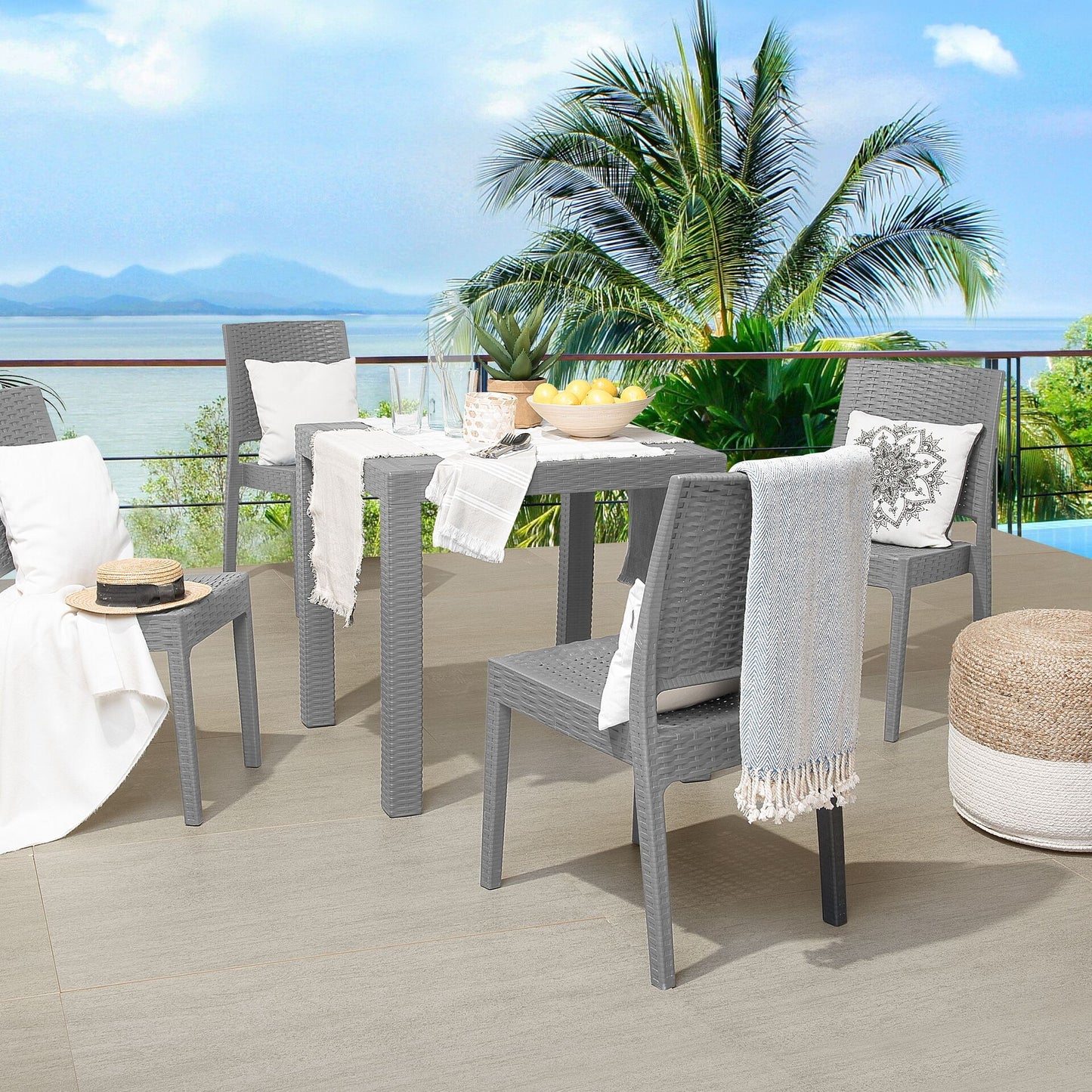 Garden Dining Set Grey Square Table 80 x 80 4 Stackable Chairs