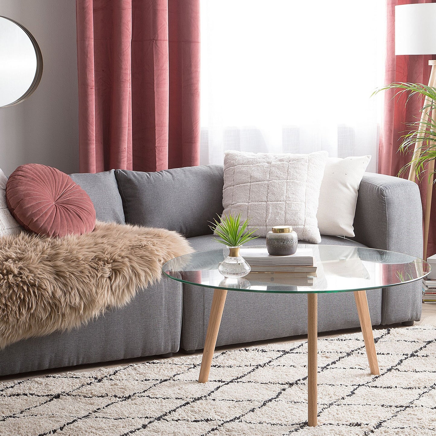 Round Glass Coffee Table Three Light Brown Oak Legs 90cm