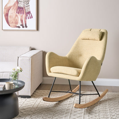 Modern Rocking Chair Yellow Fabric With Metal Legs