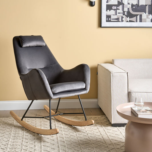 Grey Velvet Rocking Chair With Wooden Rockers And Metal Legs