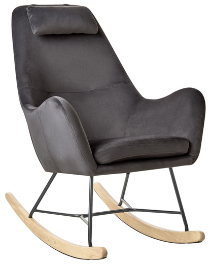 Grey Velvet Rocking Chair With Wooden Rockers And Metal Legs
