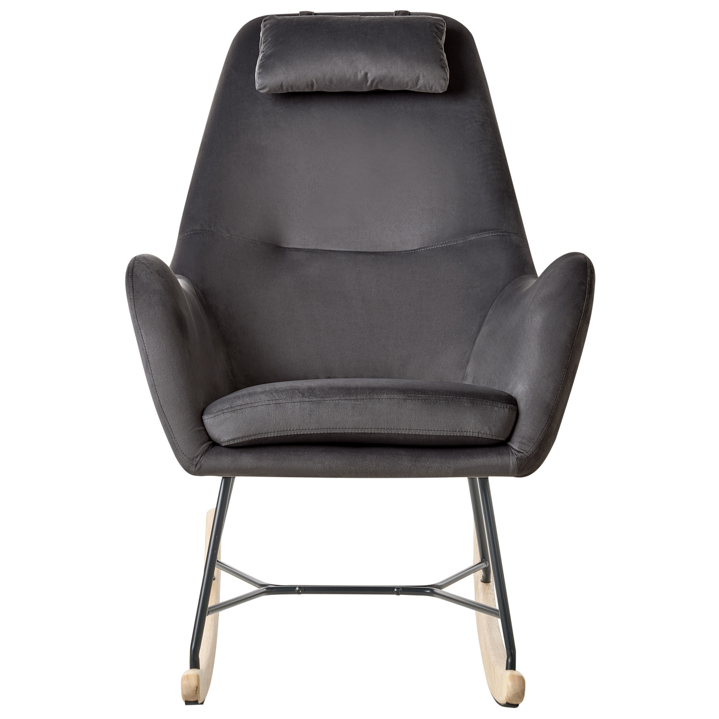 Grey Velvet Rocking Chair With Wooden Rockers And Metal Legs
