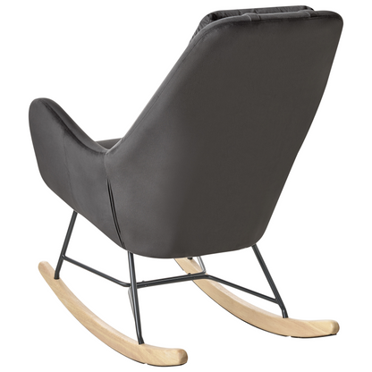 Grey Velvet Rocking Chair With Wooden Rockers And Metal Legs