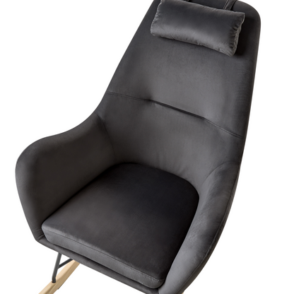 Grey Velvet Rocking Chair With Wooden Rockers And Metal Legs