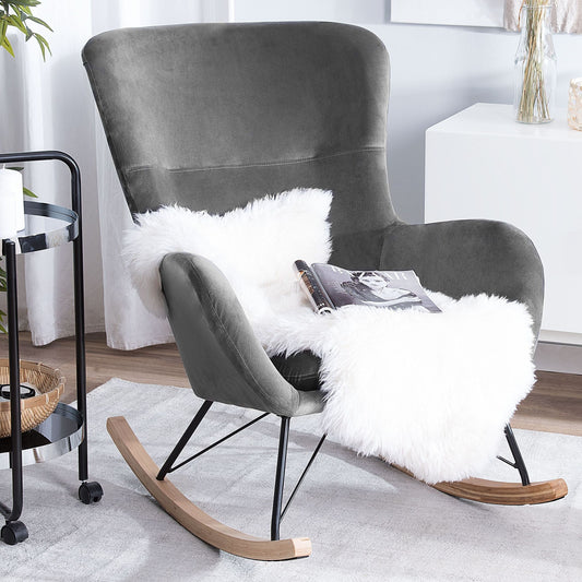 Home Velvet Rocking Chair Dark Grey With Metal Legs And Wooden Rockers For Modern Living Room