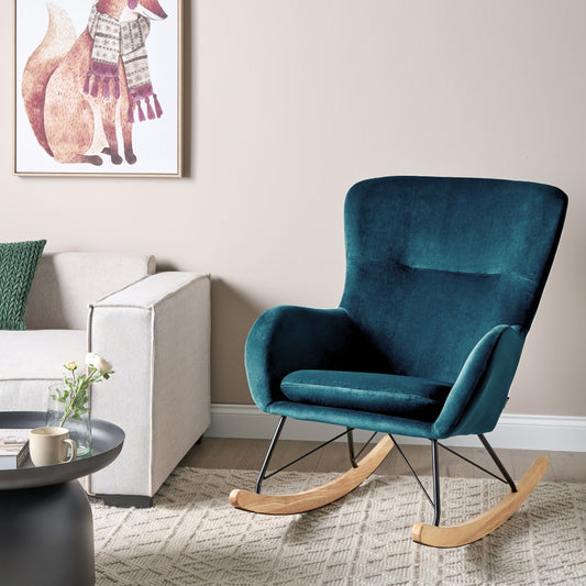 Velvet Sea Blue Rocking Chair With Metal Legs