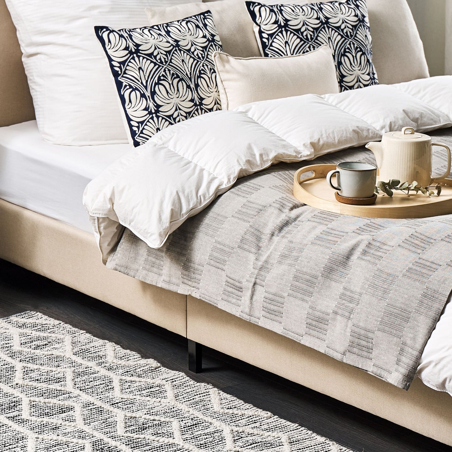 Geometric Handwoven Wool Cotton Rug 80 X 150cm Grey Beige
