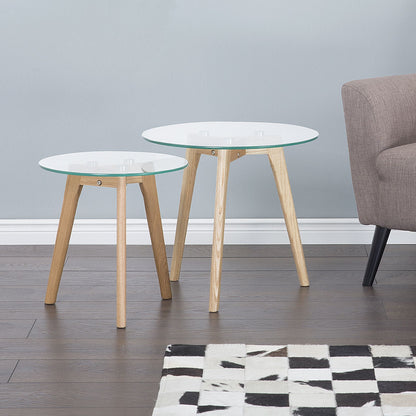 Nest Of 2 Round Glass Top Tables With Light Wood Legs